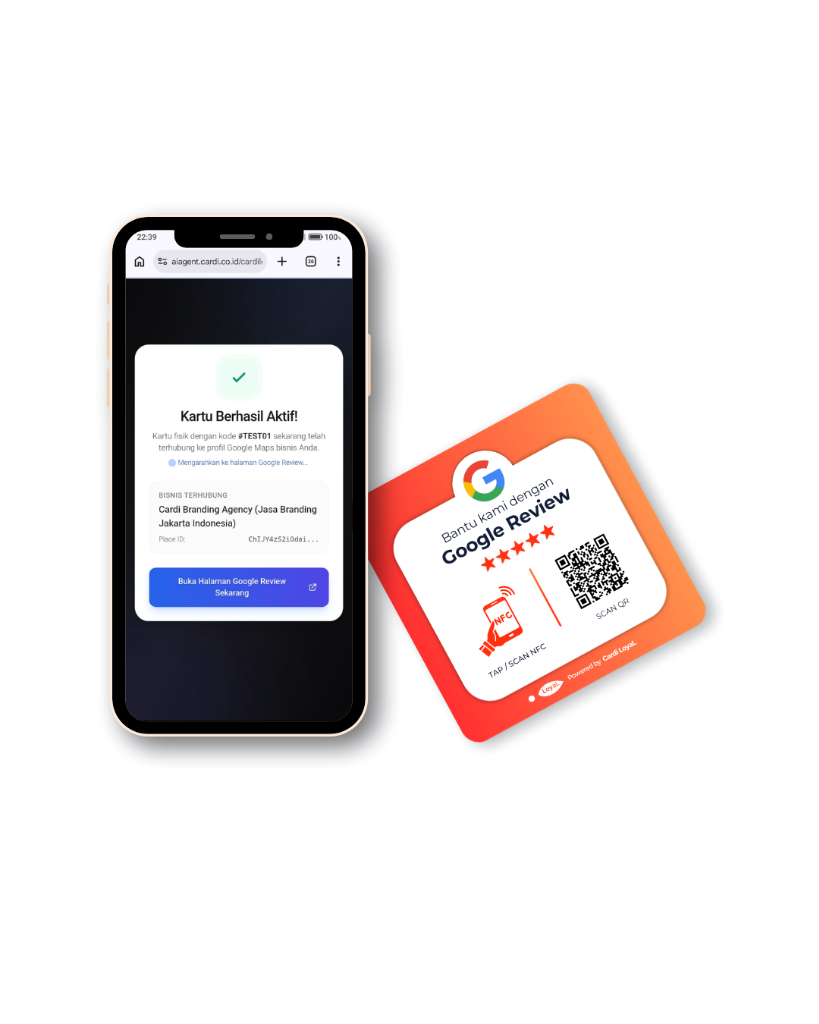 Mockup Google Review Smartphone dan Kartu Cardi Loyal